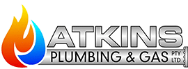 ATKINS Plumbing & Gas logo with an orange flame and blue water droplet emblem beside the bold company name.